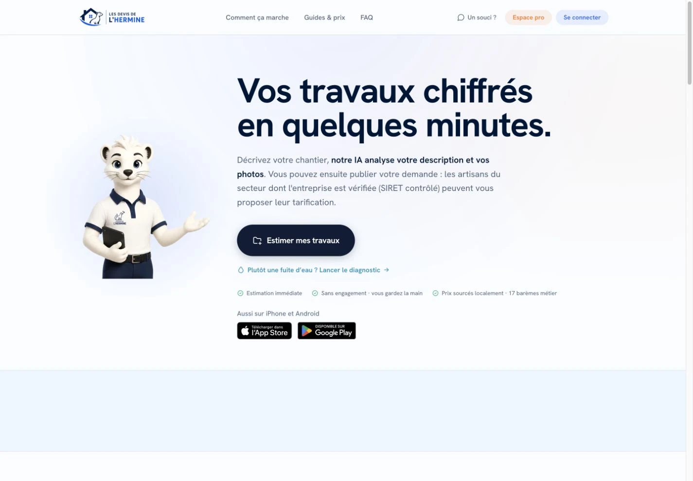 Capture de la page publique Les Devis de l’Hermine : accueil et présentation du parcours de travaux